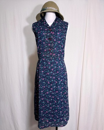 襯衫領粉色花朵無袖古著洋裝/ 國外帶回 VINTAGE