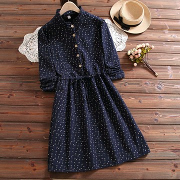 加絨加厚復古文藝繫帶收腰印花連身裙(藏青S~2XL)＊ORead＊【限定加碼✿全館滿額再折】