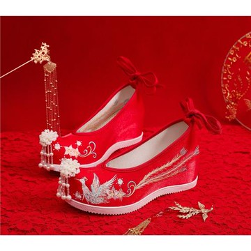 秀禾婚鞋 女秋冬原創中式婚禮新娘鞋 紅色漢服內增高珍珠流蘇棉鞋