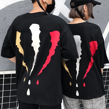 FINDSENSE Z1 日系 時尚 潮 男女情侶 休閒 寬鬆 五分袖 後背彩色漆印 短袖T恤 特色短T 圖案T