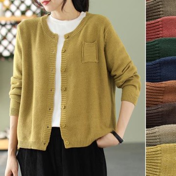 蒲席新款復古棉線針織開衫女圓領長袖秋季短款毛衣外套休閑外搭