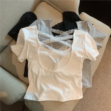 (免運)Jade Closet直營店推薦~純欲風小個子蕾絲花邊拼接帶胸墊短袖小衫