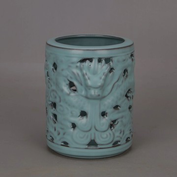 宋 汝窯藍釉鏤空浮雕龍紋支釘筆筒 仿古舊貨家居文房博古擺件收藏