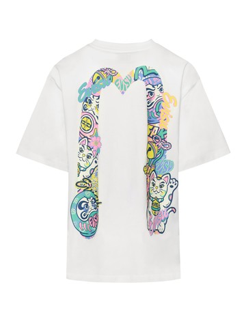 Daruma and Fortune Cat-pattern Daicock Print Oversized T-shirt