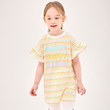 韓國 Jelispoon - 活潑條紋荷葉袖長版上衣-黃綠X橘