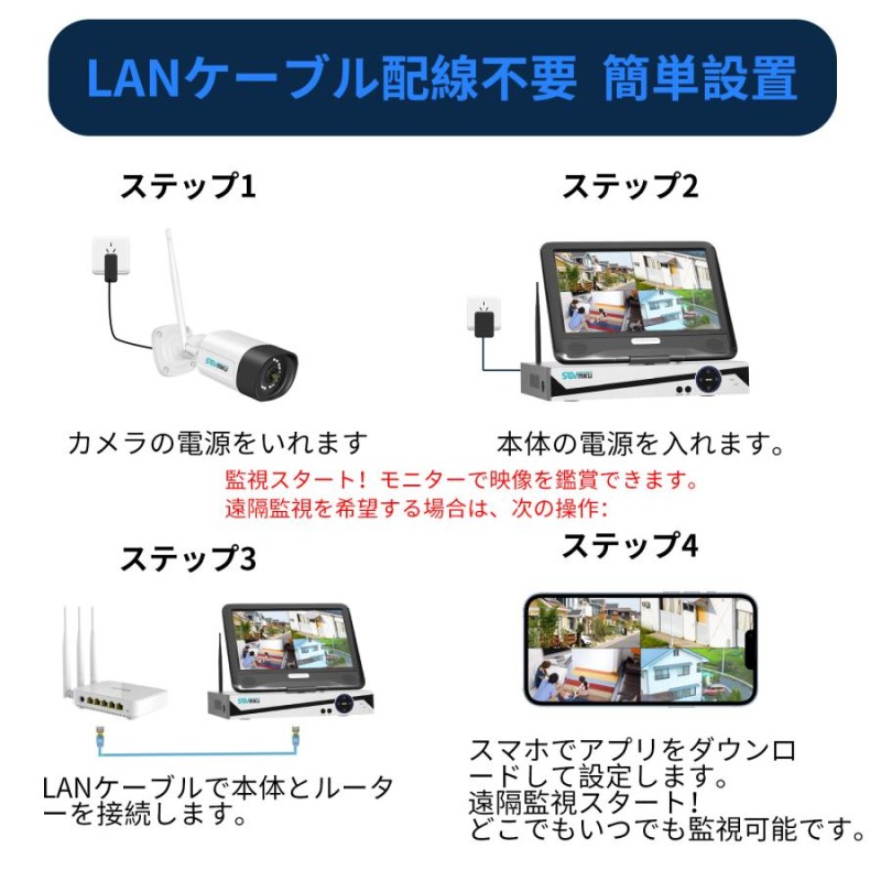 防犯カメラ 屋外 セット 家庭用 ワイヤレス wifi モニター付き カメラ4