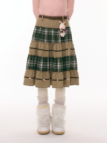 ziziFei''經緯情書''秋冬季拼接綠色格紋高腰顯瘦中長款半身裙女