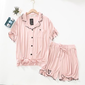 涼感莫代爾睡衣女夏薄款開衫翻領2021年新款家居服短袖套裝可出門