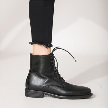 馬丁靴女款2023新款圓頭粗跟系帶英倫復古百搭網紅真皮棕色小短靴