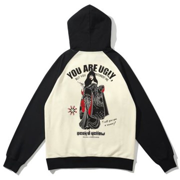 2023春秋新款日系復古休閑連帽上衣個性插肩男士煙袋花魁印花衛衣