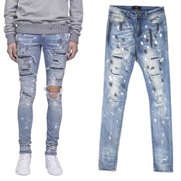 高街潮牌手工破壞牛仔褲男2025新款水鉆潑墨彈力修身破洞小腳長褲