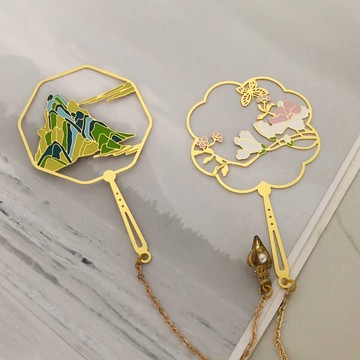 團扇書簽中國風山水牡丹流蘇黃銅禮品創意小清新學生用金屬書簽