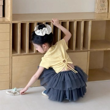 🎀biubiu童裝🎀小女孩韓系修身短款後背抽繩鏤空可愛短袖T恤上衣夏