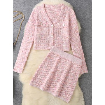 小香風短款V領針織衫+短裙套裝小個子氣質名媛兩件套秋鹽系甜辣女