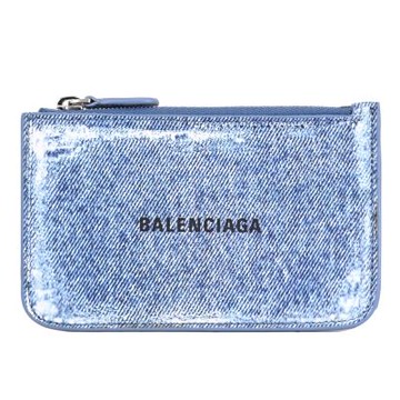 BALENCIAGA 印花牛仔紋皮革卡片零錢包(藍)
