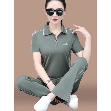 (免運)冰絲運動服套裝女夏2025新款中年媽媽夏裝寬松休閑翻領短袖兩件套