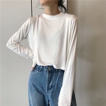 新款純色彈力圓領長袖T恤女百搭顯瘦短款上衣打底衫女秋冬1入