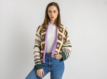 復古女款蕾絲針織外套 M 號，純棉前開襟 6188