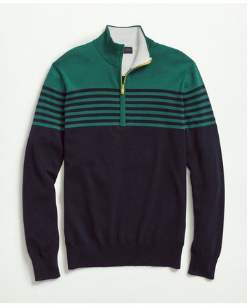 Brooks Brothers Men's Supima Cotton Half-Zip Mariner Stripe Sweater | Green | Size XL