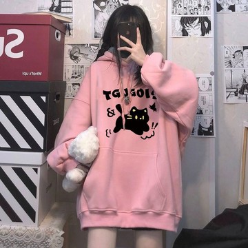 【大尺寸 男女同款 刷毛/不刷毛大學t 帽t 韓版秋冬袖子】秋冬加絨粉色連帽衛衣女印花潮流oversize寬鬆大碼情侶裝