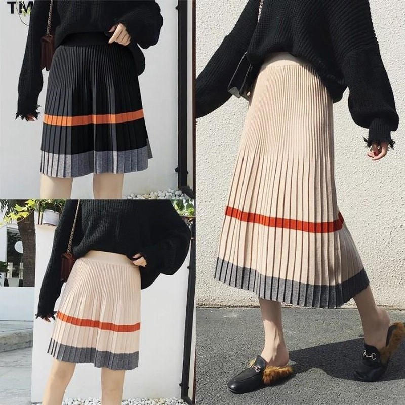 レディース プリーツスカート ニット スカート ひざ丈 膝丈