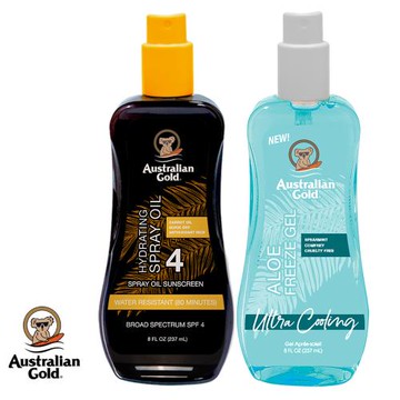 Australian Gold金色澳洲【助曬保養組】防護胡蘿蔔助曬油SPF4+沁涼蘆薈曬傷急救凝膠