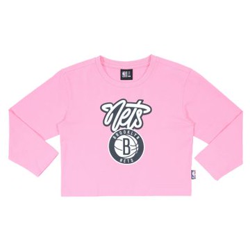 NBA 兒童/青少年 女款 短版 隊伍印花 長袖上衣 籃網隊