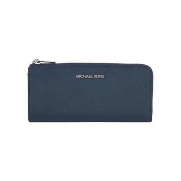 Michael Kors 銀字Logo 防刮皮革L型拉鍊長夾(海軍藍)