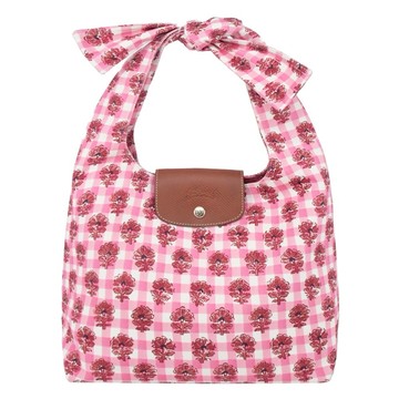[平輸版]LONGCHAMP LE PLIAGE系列滿版格紋印花棉質帆布蝴蝶結肩背包(中/暈紅)真品平輸