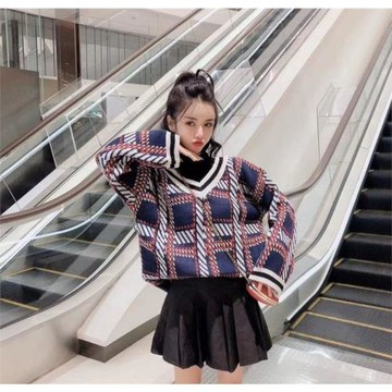 2025 秋冬新款百搭格子森系文藝復古高領慵懶風寬松假兩件毛衣