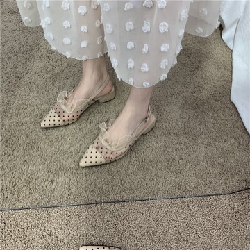 2022年春夏新款小仙女網紗顯瘦尖頭淺口后拉帶低跟涼鞋單鞋女