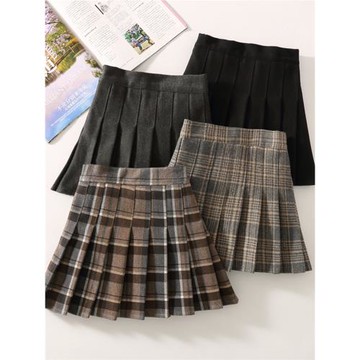 秋冬新款女童百褶裙半身裙兒童中大童學院風加厚毛呢短裙格子半裙