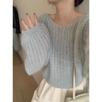 松弛感穿搭馬海毛鏤空一字領毛衣女初秋慵懶寬松燈籠袖針織衫上衣