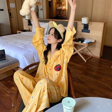 DUYI~夢詩 睡衣女彩點條紋可愛番茄小貓長袖套裝寬鬆休閒家居服外穿