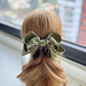 獨家絲光蝴蝶結相交夾香蕉夾仙女夾髮夾-橄欖綠色