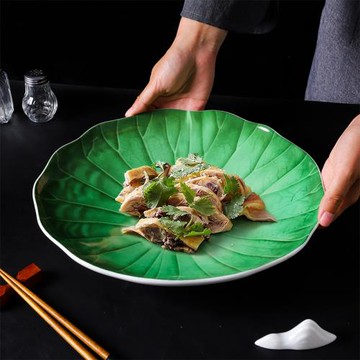 創意涼菜陶瓷荷葉盤炒菜盤子高級感輕奢高檔酒店會所中餐菜盤商用