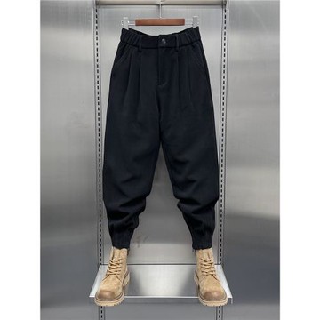 秋冬毛呢褲痞帥潮流馬丁靴褲子搭配男款秋季黑色休閑拉鏈束腳西褲