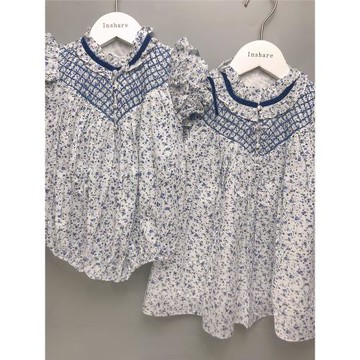 2022夏季女童重手工打攬青花碎花連體衣女寶包屁衣純棉高端姐妹裝