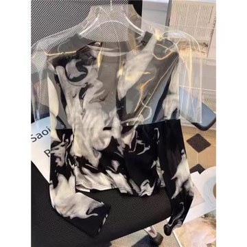國風網紗上衣女夏歐貨今年流行設計扎染水墨畫長袖t恤冰感防曬衫