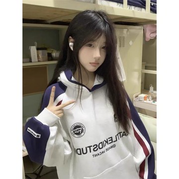 重磅純棉拼色款連帽衛衣女2024秋冬新款加絨加厚寬松小眾高街帽衫