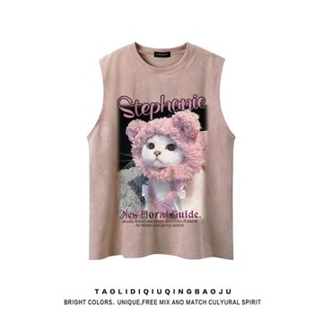 甜酷風可愛貓咪印花無袖T恤女夏季寬松休閑麂皮絨坎肩背心上衣潮