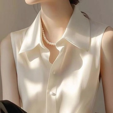 素色鈕釦襯衫 上衣 襯衫 襯衣 法式溫柔風白色POLO領無袖襯衫女夏季百搭休閒氣質襯衣 韓版女裝 春夏秋女裝 春夏裝