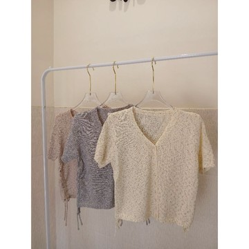 針織抽繩v領短袖上衣