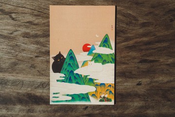 與貓一起度過的３６５天。韓國藝術家貓咪明信片　黑貓+白貓系列