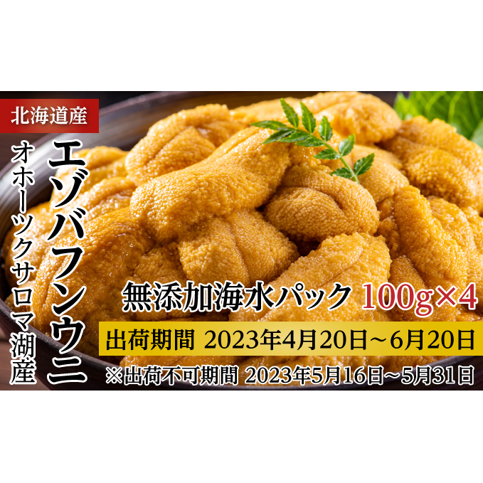 サロマ湖産 無添加 バフンウニ 400g（100g×4）海水パック［2024年4月下旬出荷開始先行予約］ 北海道 オホーツク 佐呂間町 ウニ うに 海鮮