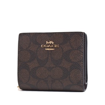 COACH 緹花LOGO防刮皮革釦式拉鍊袋短夾-咖啡色