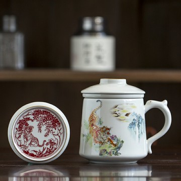 陶福氣 茶杯套裝帶濾隔茶水分離杯中式辦公室喝水杯子禮品盒裝