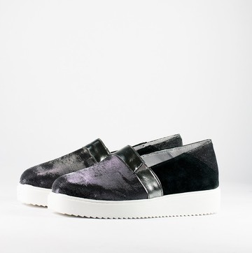 義大利真皮金屬銀光澤麂皮黑厚底休閒鞋