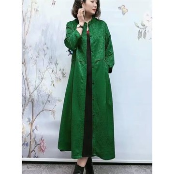 新品高端專柜時尚氣質桑絲緞龜裂紋長款風衣外套過膝寬松韓版大衣