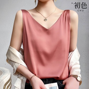 初色 純色拼接緞面透氣V領無袖吊帶背心女上衣-共10色-35915(M-3XL可選)
